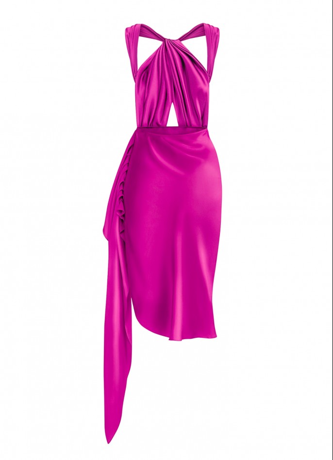 PRE-ORDER : DRAPED SILK SATIN BACKLESS DRESS - FUCHSIA